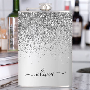 Silver Monogram Glitter Sparkle Girly Script Flask