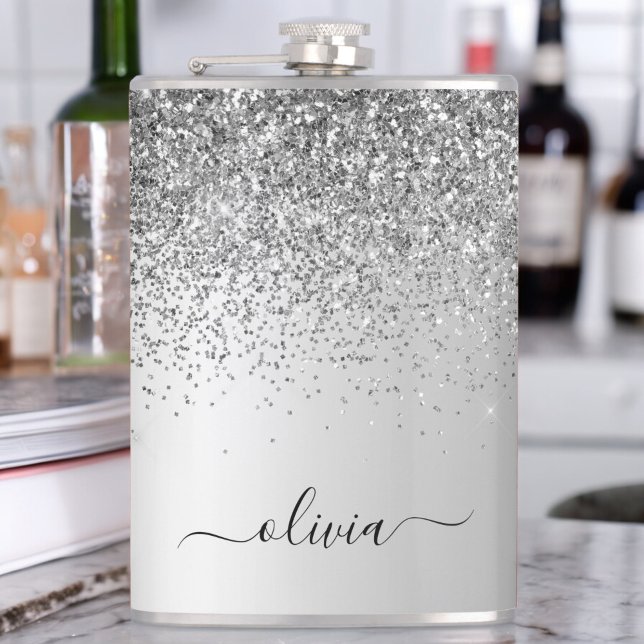 Silver Monogram Glitter Sparkle Girly Script Flask (Creator Uploaded)