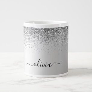 Silver Monogram Glitter Sparkle Girly Script Giant Coffee Mug