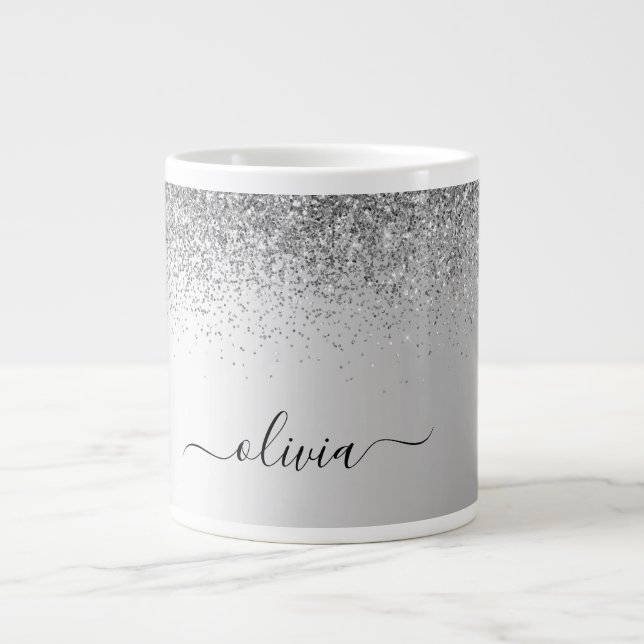 Silver Monogram Glitter Sparkle Girly Script Giant Coffee Mug (Front)