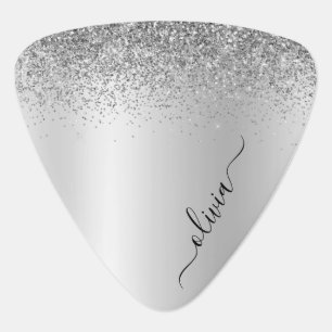 Silver Monogram Glitter Sparkle Girly Script Guitar Pick