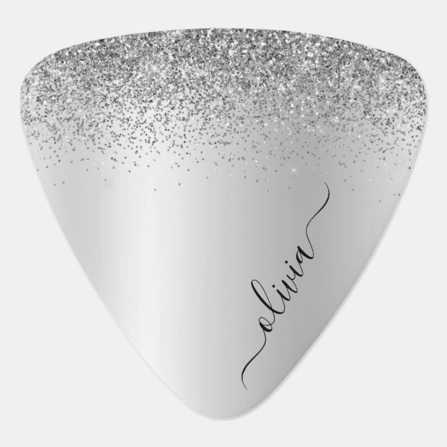Silver Monogram Glitter Sparkle Girly Script Guitar Pick (Front)