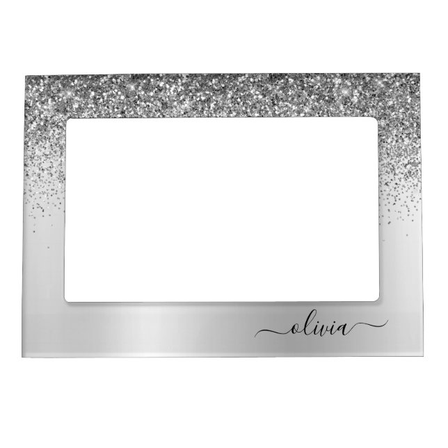 Silver Monogram Glitter Sparkle Girly Script Magnetic Frame (Front)