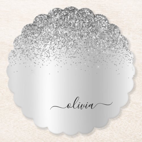 Silver Monogram Glitter Sparkle Girly Script Paper Coaster