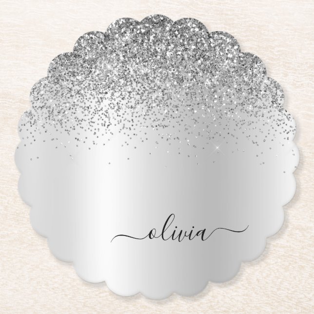 Silver Monogram Glitter Sparkle Girly Script Paper Coaster (Front)