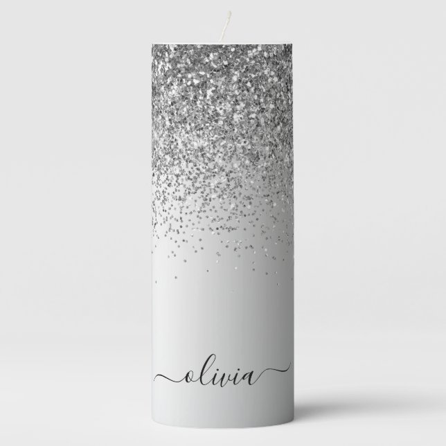 Silver Monogram Glitter Sparkle Girly Script Pillar Candle (Front)