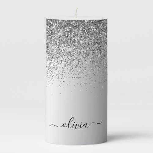 Silver Monogram Glitter Sparkle Girly Script Pillar Candle