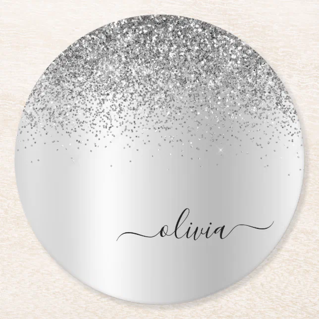 Silver Script Silver Monogram Glitter Sparkle Girly Script Round Paper Coaster | Zazzle