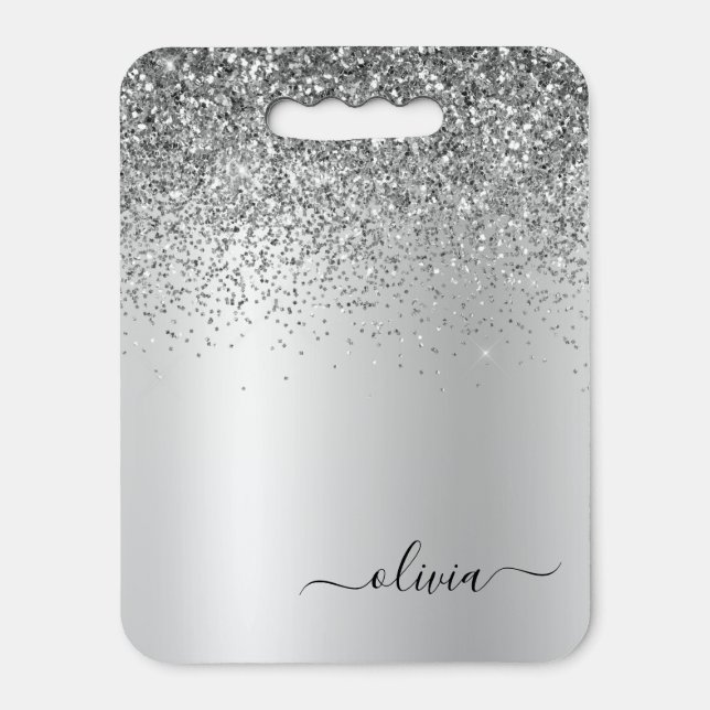 Silver Monogram Glitter Sparkle Girly Script Seat Cushion (Front Vertical)