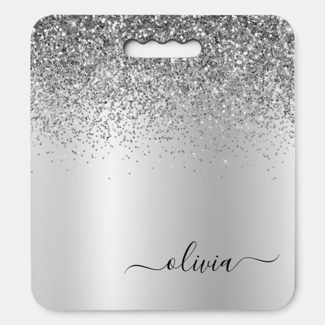 Silver Monogram Glitter Sparkle Girly Script Seat Cushion (Front Vertical)