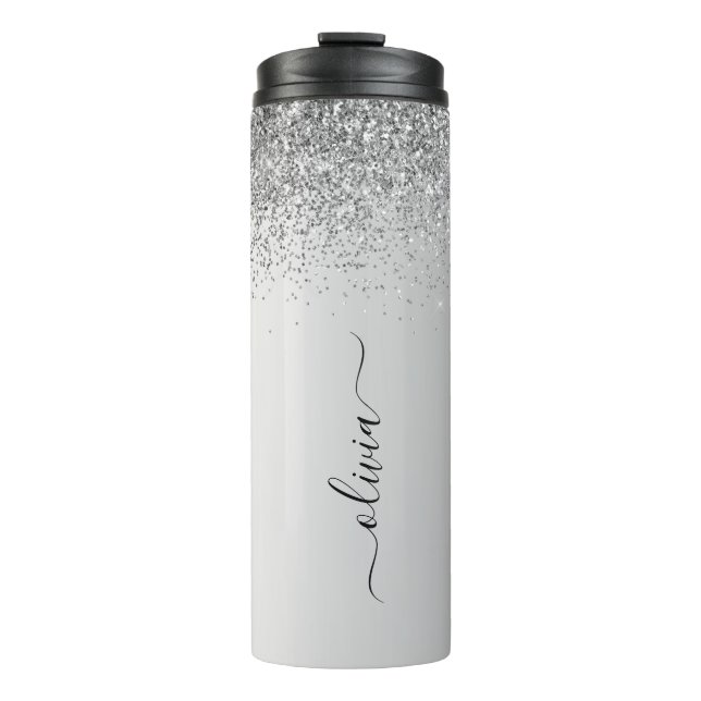 Silver Monogram Glitter Sparkle Girly Script Thermal Tumbler (Front)