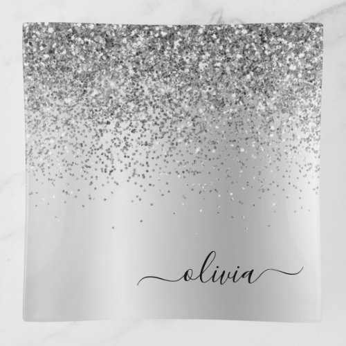 Silver Monogram Glitter Sparkle Girly Script Trinket Tray