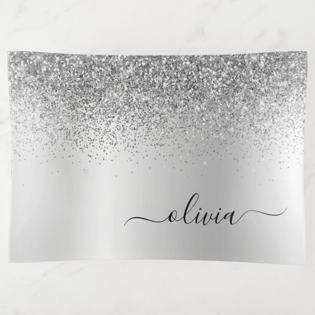 Silver Monogram Glitter Sparkle Girly Script Trinket Tray (Front)