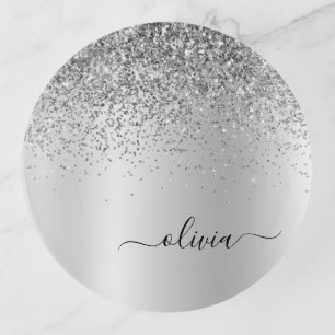 Silver Monogram Glitter Sparkle Girly Script Trinket Tray