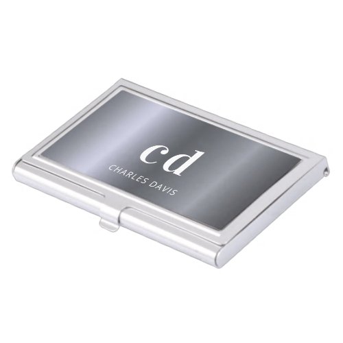 Silver monogram initails name minimalist metallic business card case