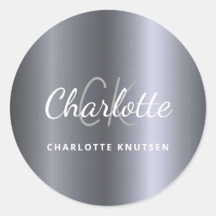 Silver monogram initials minimalist script classic round sticker