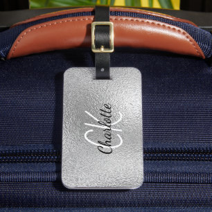 Silver monogram initials name script luggage tag