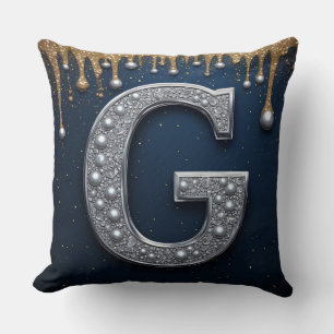 Silver Monogram Letter G Navy Gold Dripping Throw Pillow