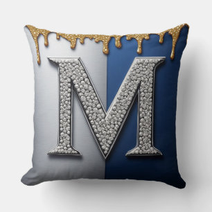Silver Monogram Letter M Navy Gold Dripping Paint  Throw Pillow