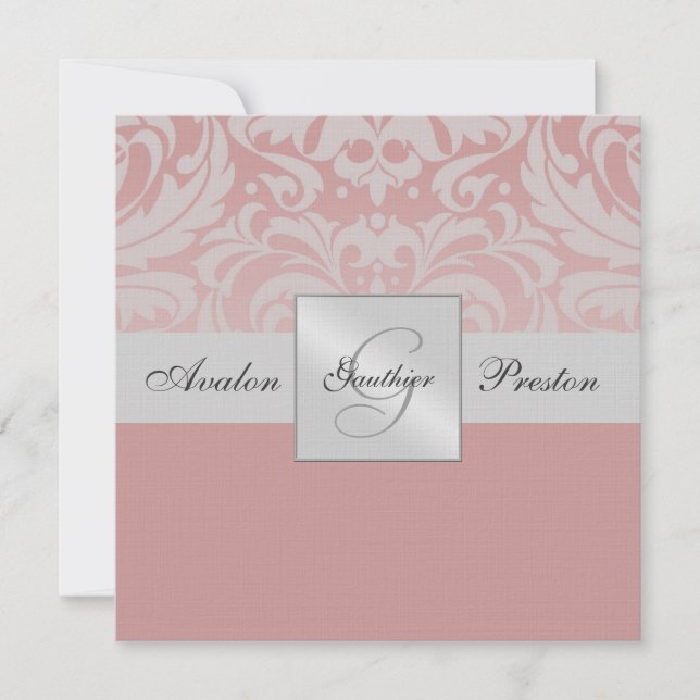 Silver Monogram Linen Damask Pink Invitation (Front)