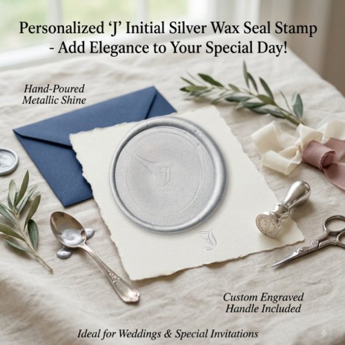 Silver Monogram Monogrammed Initial 'J'  Wax Seal Sticker