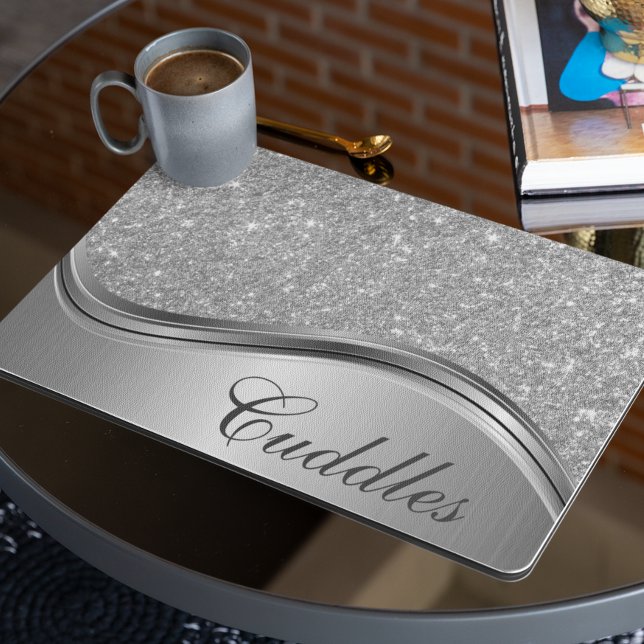 Silver Monogram Name Dog Cat Pet Food Mat (Creator Uploaded)