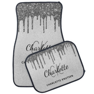 Silver monogram name glitter drips minimalist car floor mat