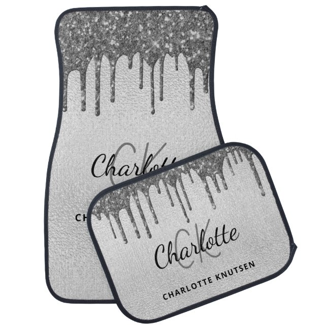 Silver monogram name glitter drips minimalist car floor mat (Set)
