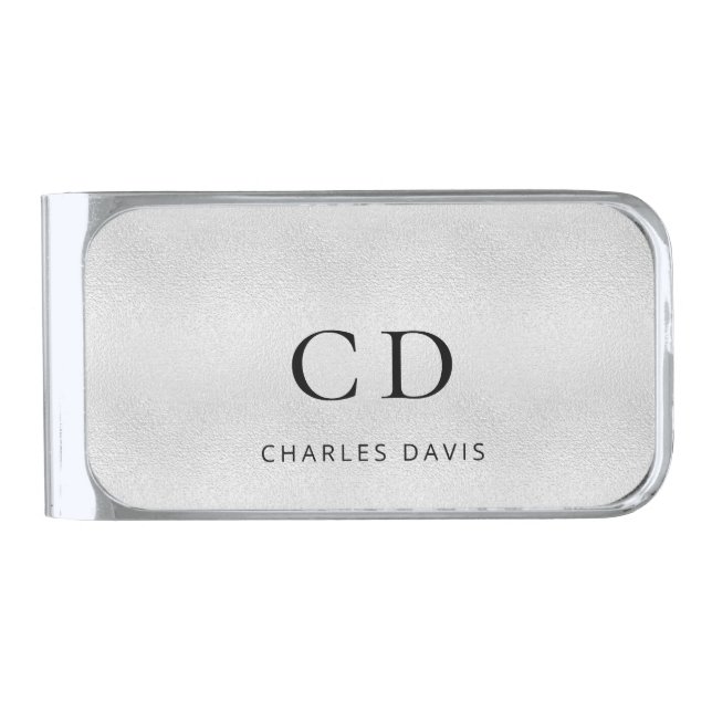 Silver monogram name minimalist silver finish money clip (Front)