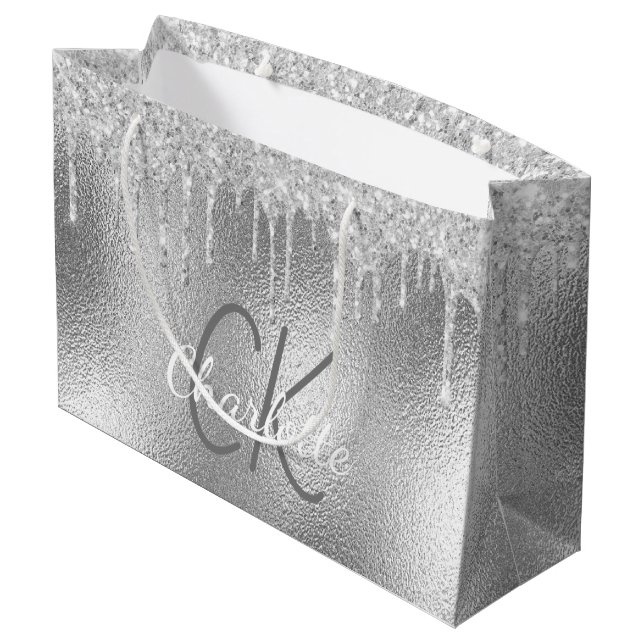 Silver monogram name modern elegant large gift bag (Back Angled)