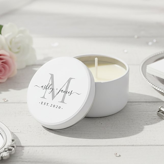 Silver Monogram Names Established Year Wedding Mini Candle Favors (Creator Uploaded)