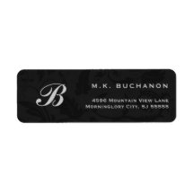 Silver Monogram on Black Damask Return Address