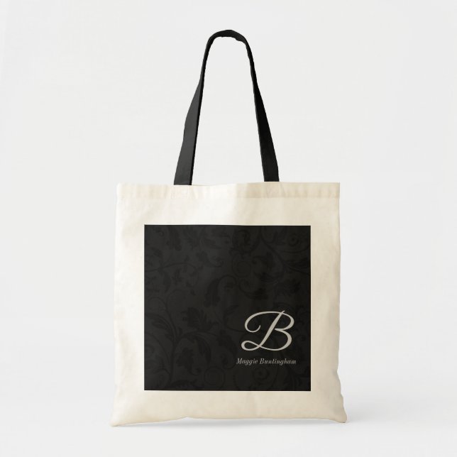 Silver Monogram on Black Damask Tote Bag (Front)