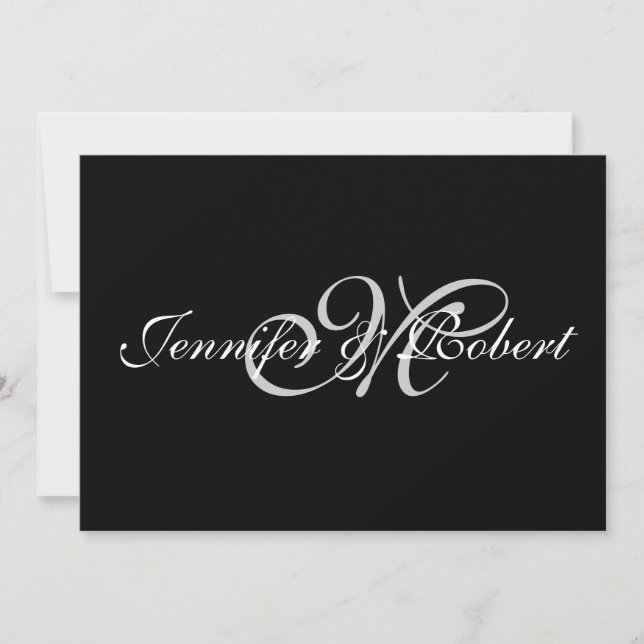 Silver Monogram on Black with Polka Dots Invitation (Front)
