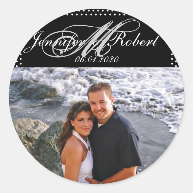 Silver Monogram on Black with Polka Dots Wedding Classic Round Sticker (Front)