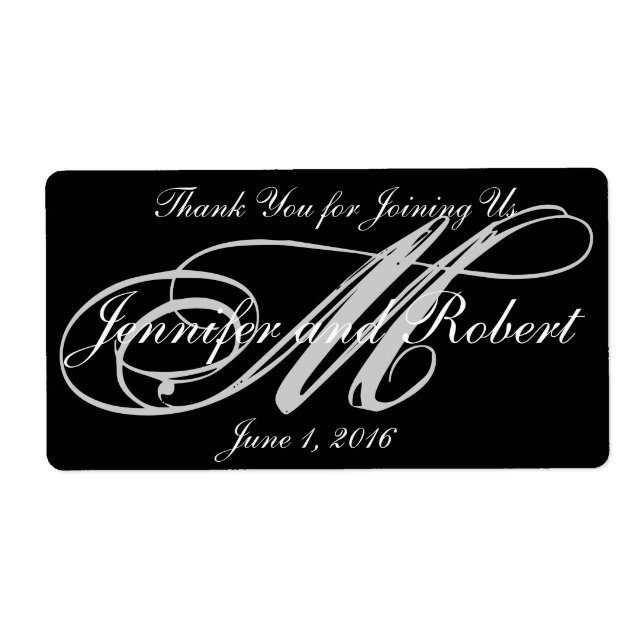 Silver Monogram on Black with Polka Dots Wedding Label (Front)