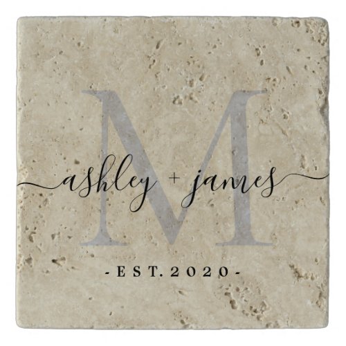 Silver Monogram Script Name Wedding Date Ivory Trivet