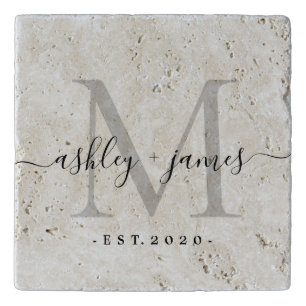 Silver Monogram Script Name Wedding Date Trivet