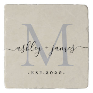 Silver Monogram Script Name Wedding Date White Trivet