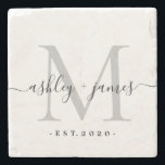 Silver Monogram Script Wedding Stone Coaster<br><div class="desc">The Silver Monogram Script Wedding Stone Coaster features a soft natural stone texture paired with an elegant silver monogram and flowing script names. Personalized with the couple’s wedding year, this timeless coaster makes a beautiful keepsake for weddings, anniversaries, engagements, and new homes. The neutral tones and refined typography create a...</div>