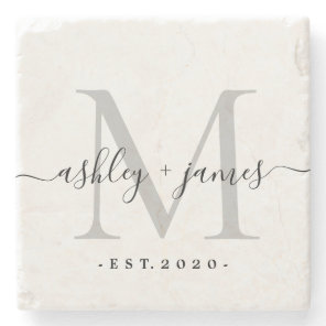 Silver Monogram Script Wedding Stone Coaster