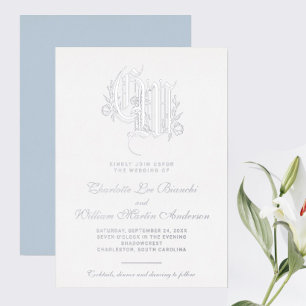 Silver Monogram Wedding Ice Blue Foil Invitation