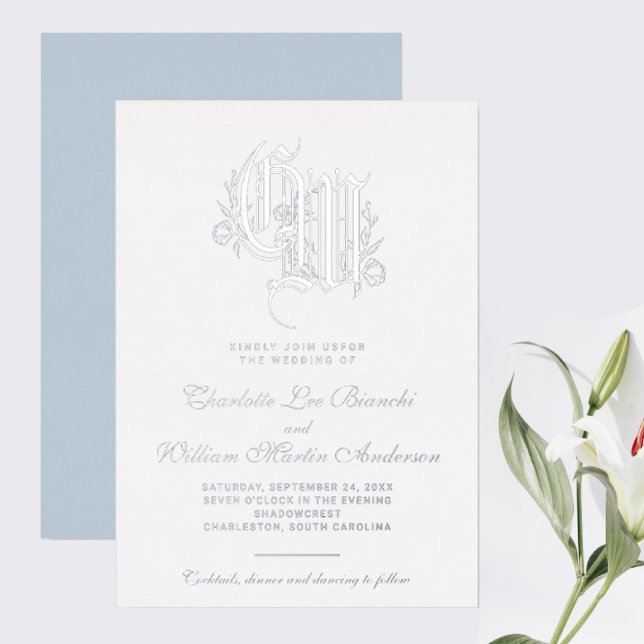 Silver Monogram Wedding Ice Blue Foil Invitation (I wish you happiness!!!)