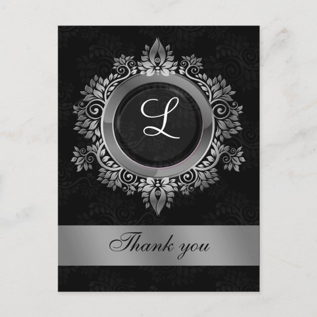 silver monogram wedding thank you postcard (Front)
