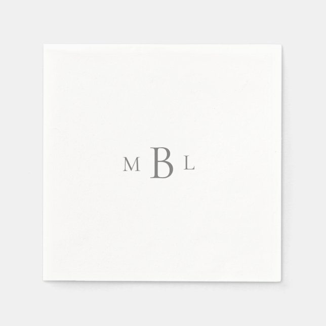 Silver Monogram White Elegant Wedding Cocktail Napkins (Front)