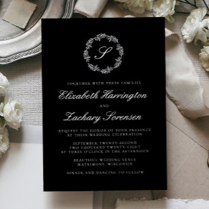 Silver Monogram Wreath Script Black Wedding Foil Invitation