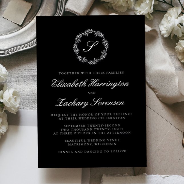 Silver Monogram Wreath Script Black Wedding Foil Invitation (Creator Uploaded)