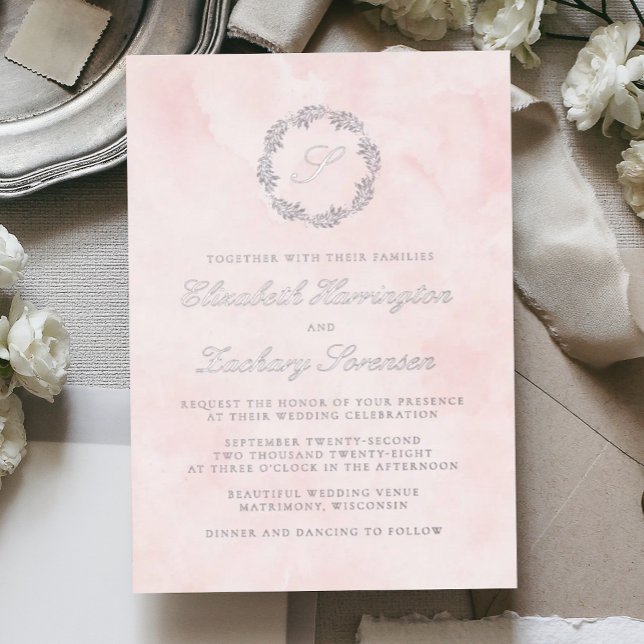 Silver Monogram Wreath Script Blush Pink Wedding Foil Invitation (Creator Uploaded)