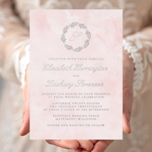 Silver Monogram Wreath Script Blush Pink Wedding Foil Invitation