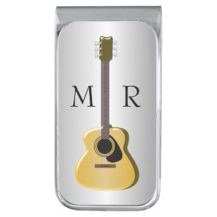 Silver Monogrammed Acoustic Guitar Silver Finish Money Clip